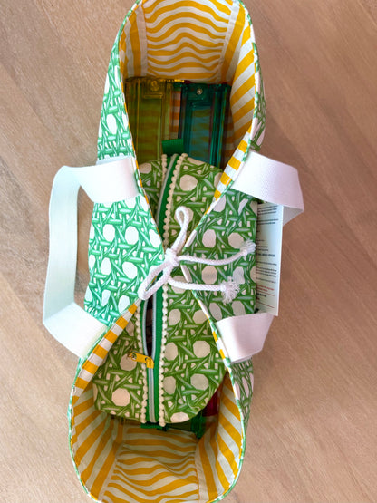 Mahjong Carryall Tote - Green Rattan Caning with Yellow Striped Interior