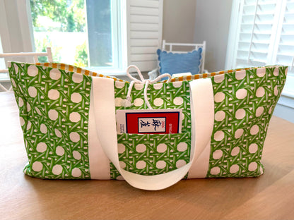 Mahjong Carryall Tote - Green Rattan Caning with Yellow Striped Interior