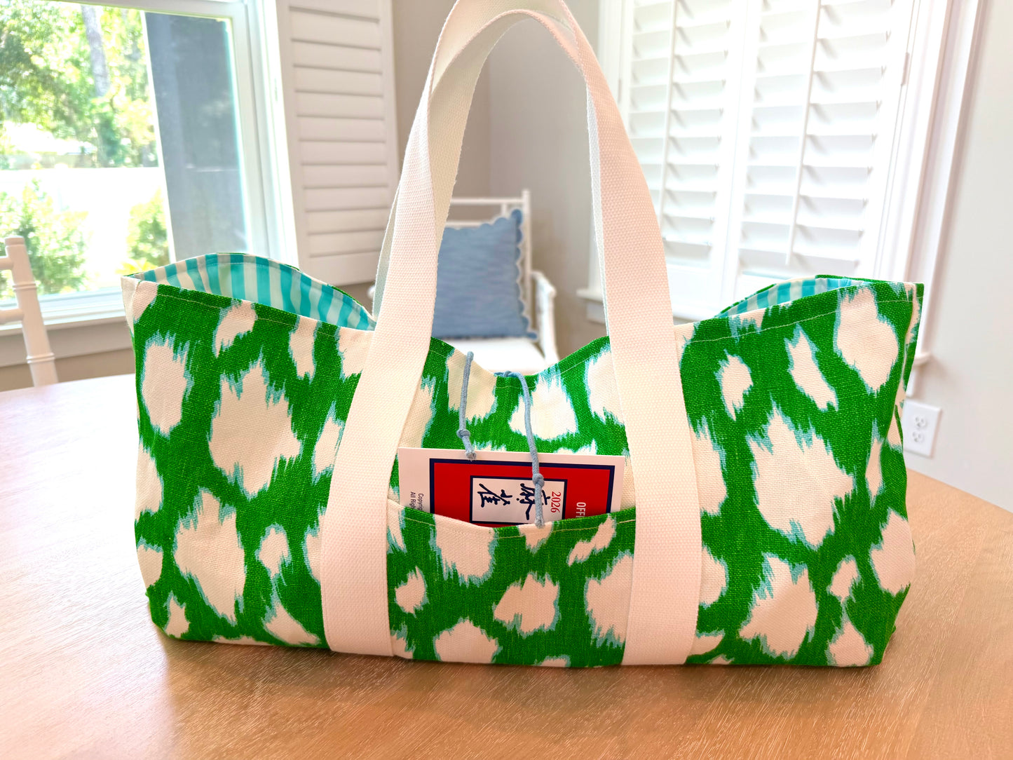 Mahjong Carryall Tote - Green with Turquoise and White Dots