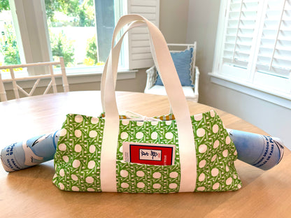 Mahjong Carryall Tote - Green Rattan Caning with Yellow Striped Interior