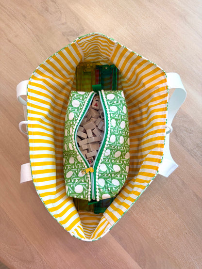 Mahjong Carryall Tote - Green Rattan Caning with Yellow Striped Interior