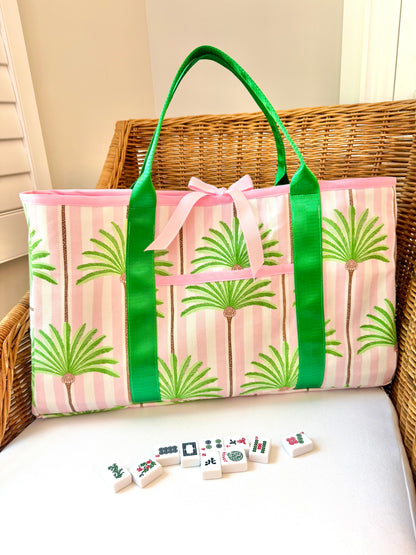 Mahjong Carryall Tote - Pink Palm Stripe
