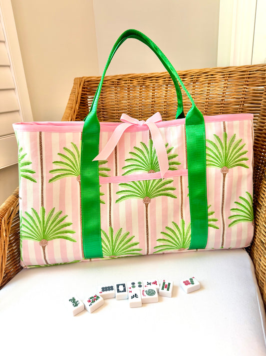Mahjong Carryall Tote - Pink Palm Stripe