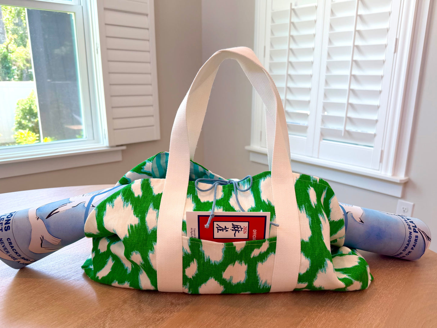 Mahjong Carryall Tote - Green with Turquoise and White Dots