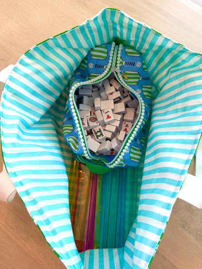 Mahjong Carryall Tote - Green with Turquoise and White Dots